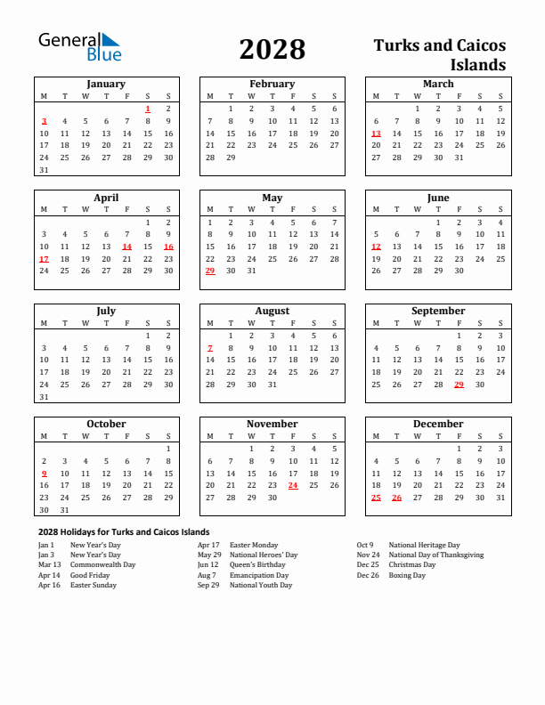 2028 Turks and Caicos Islands Holiday Calendar - Monday Start