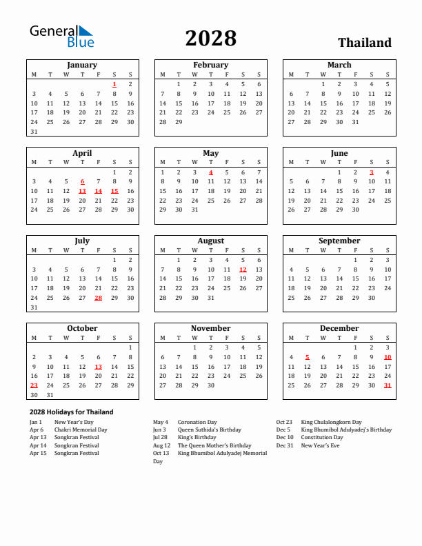 2028 Thailand Holiday Calendar - Monday Start