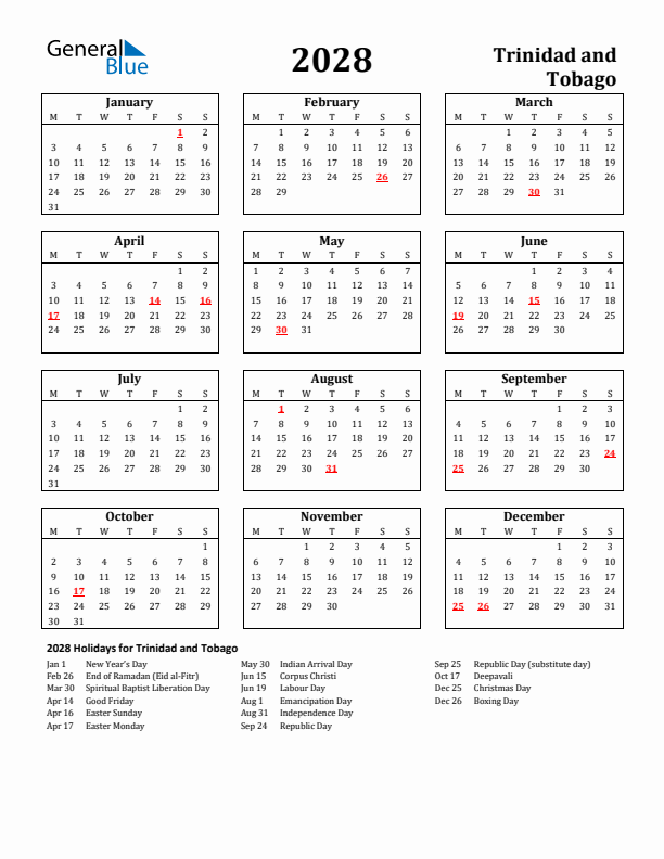 2028 Trinidad and Tobago Holiday Calendar - Monday Start