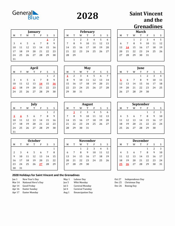 2028 Saint Vincent and the Grenadines Holiday Calendar - Monday Start