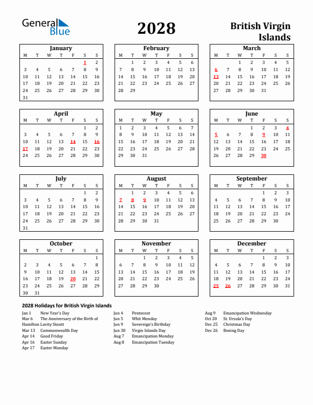 2028 British Virgin Islands Holiday Calendar - Monday Start
