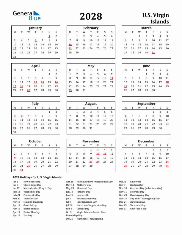 2028 U.S. Virgin Islands Holiday Calendar - Monday Start