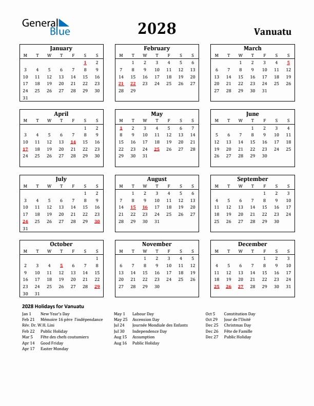 2028 Vanuatu Holiday Calendar - Monday Start