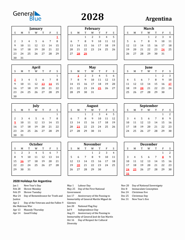 2028 Argentina Holiday Calendar - Sunday Start