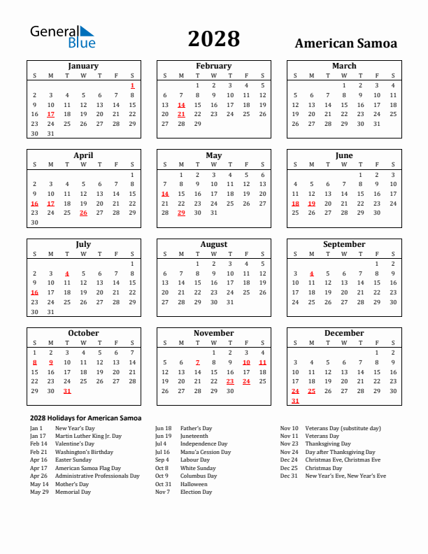 2028 American Samoa Holiday Calendar - Sunday Start