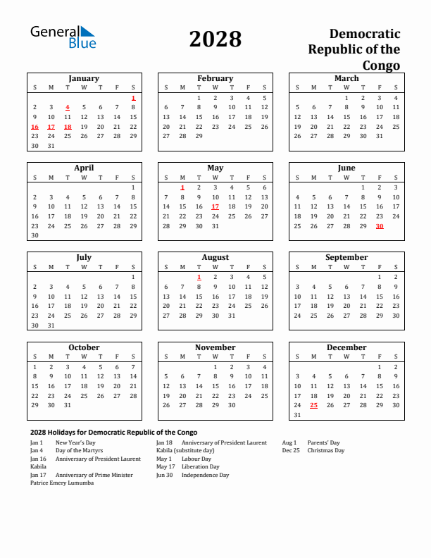 2028 Democratic Republic of the Congo Holiday Calendar - Sunday Start