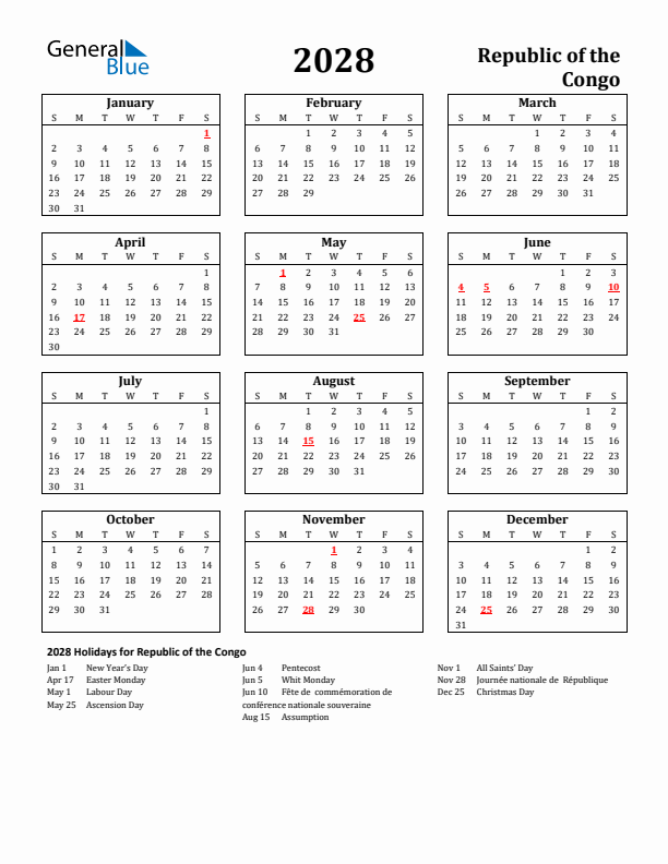 2028 Republic of the Congo Holiday Calendar - Sunday Start