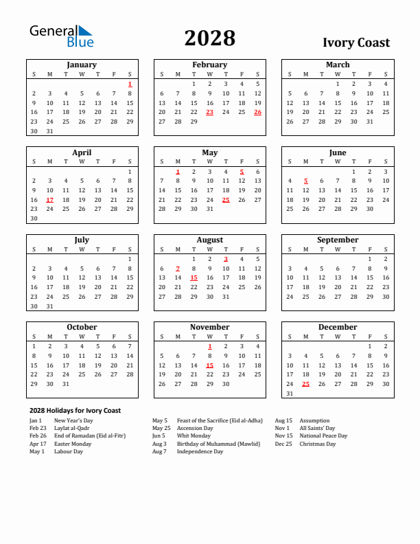 2028 Ivory Coast Holiday Calendar - Sunday Start