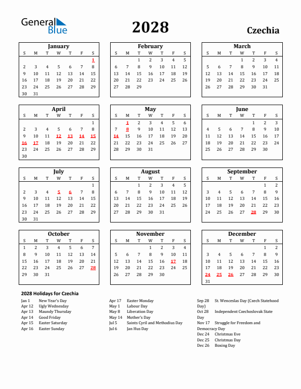 2028 Czechia Holiday Calendar - Sunday Start