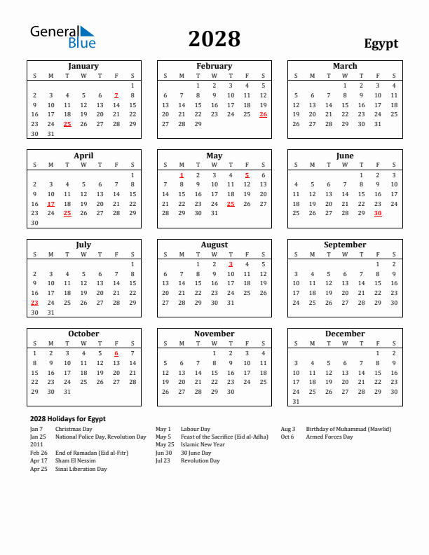 2028 Egypt Holiday Calendar - Sunday Start