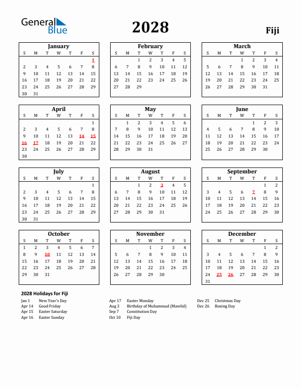 2028 Fiji Holiday Calendar - Sunday Start