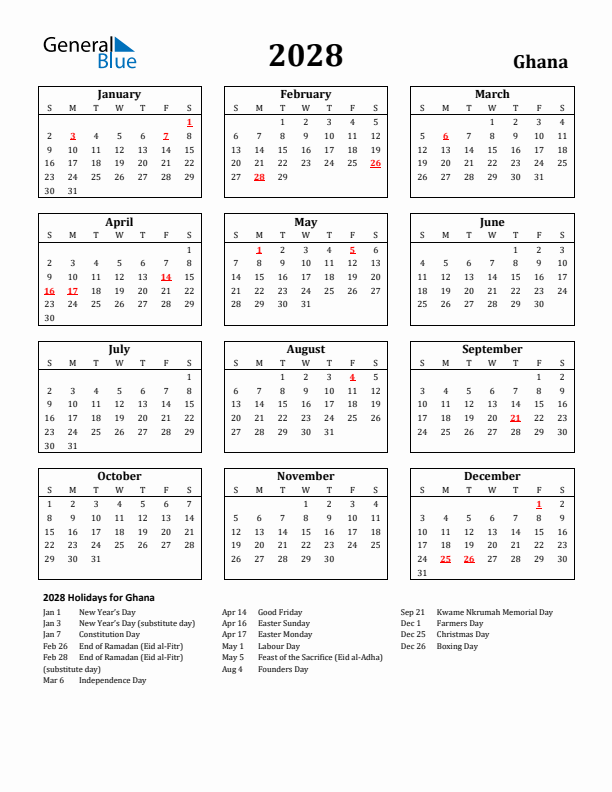 2028 Ghana Holiday Calendar - Sunday Start