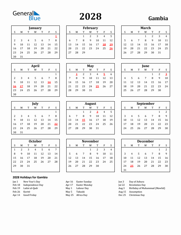 2028 Gambia Holiday Calendar - Sunday Start