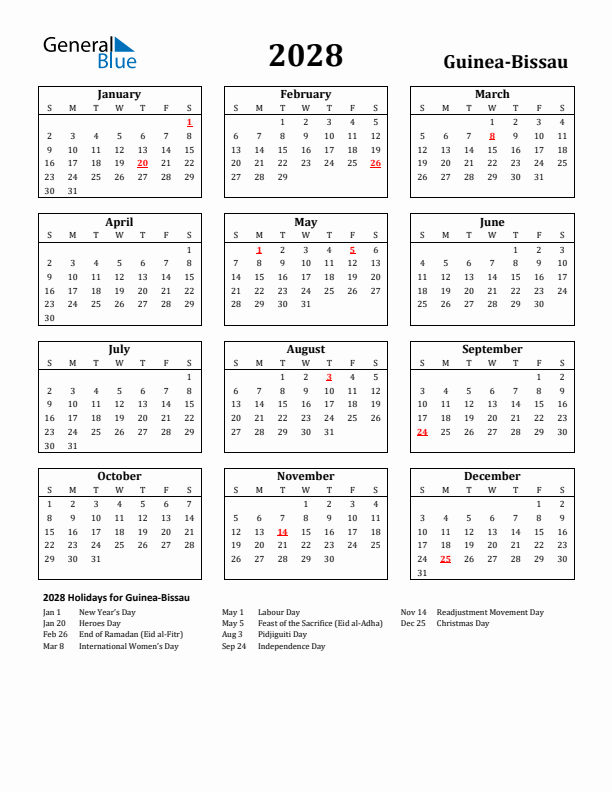 2028 Guinea-Bissau Holiday Calendar - Sunday Start