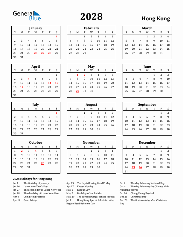 2028 Hong Kong Holiday Calendar - Sunday Start