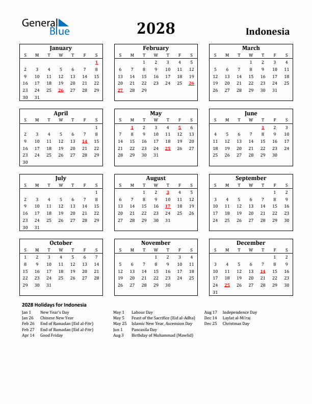 2028 Indonesia Holiday Calendar - Sunday Start