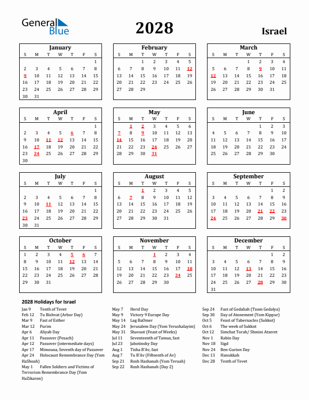 2028 Israel Holiday Calendar - Sunday Start