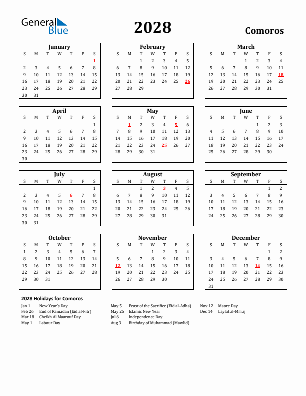 2028 Comoros Holiday Calendar - Sunday Start