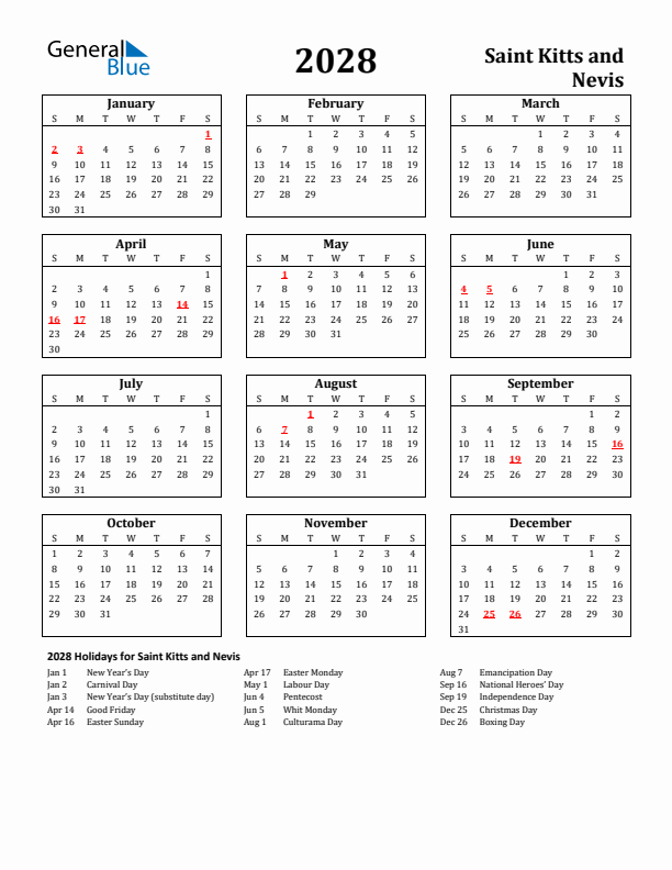 2028 Saint Kitts and Nevis Holiday Calendar - Sunday Start