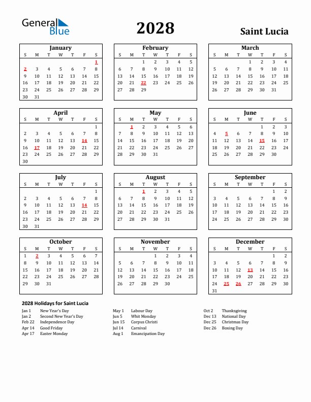 2028 Saint Lucia Holiday Calendar - Sunday Start
