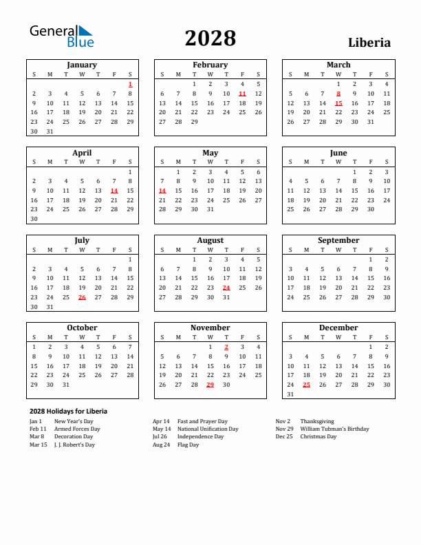 2028 Liberia Holiday Calendar - Sunday Start