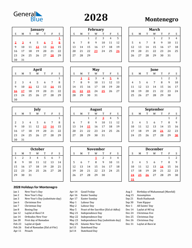 2028 Montenegro Holiday Calendar - Sunday Start