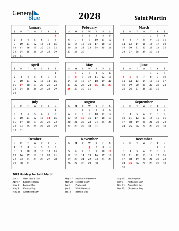 2028 Saint Martin Holiday Calendar - Sunday Start