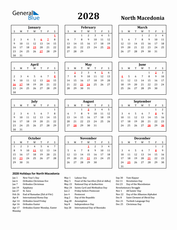 2028 North Macedonia Holiday Calendar - Sunday Start