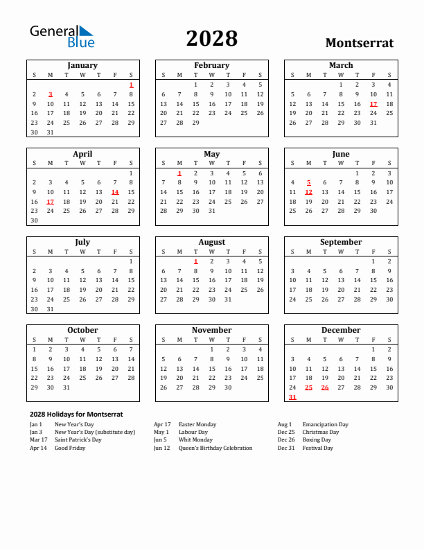 2028 Montserrat Holiday Calendar - Sunday Start