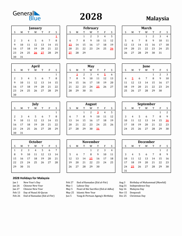 2028 Malaysia Holiday Calendar - Sunday Start