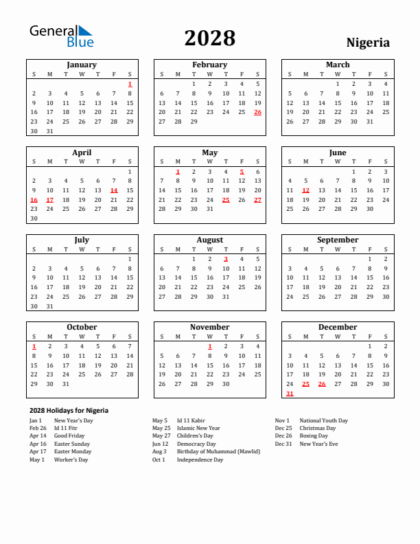 2028 Nigeria Holiday Calendar - Sunday Start