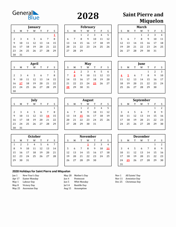 2028 Saint Pierre and Miquelon Holiday Calendar - Sunday Start