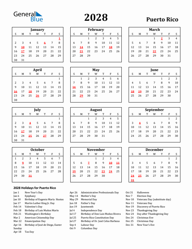 2028 Puerto Rico Holiday Calendar - Sunday Start