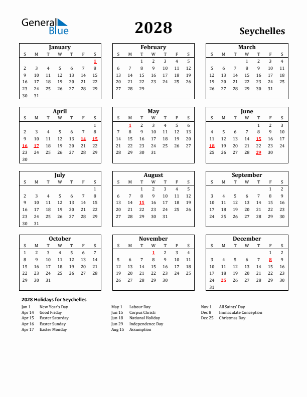 2028 Seychelles Holiday Calendar - Sunday Start