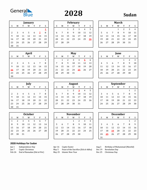 2028 Sudan Holiday Calendar - Sunday Start