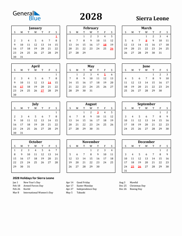 2028 Sierra Leone Holiday Calendar - Sunday Start