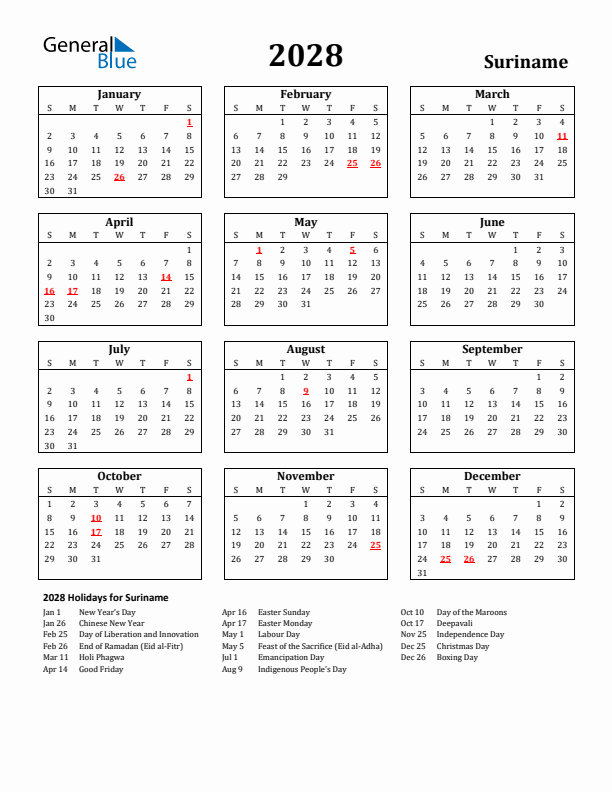 2028 Suriname Holiday Calendar - Sunday Start