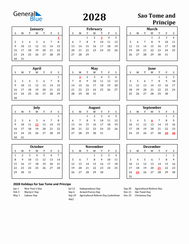 2028 Sao Tome and Principe Holiday Calendar - Sunday Start