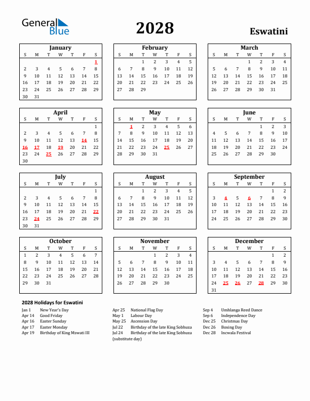 2028 Eswatini Holiday Calendar - Sunday Start