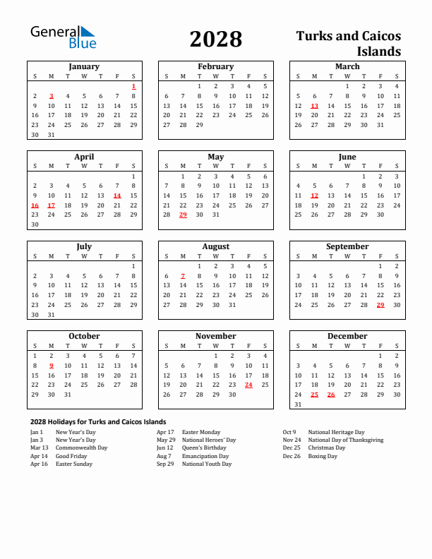 2028 Turks and Caicos Islands Holiday Calendar - Sunday Start