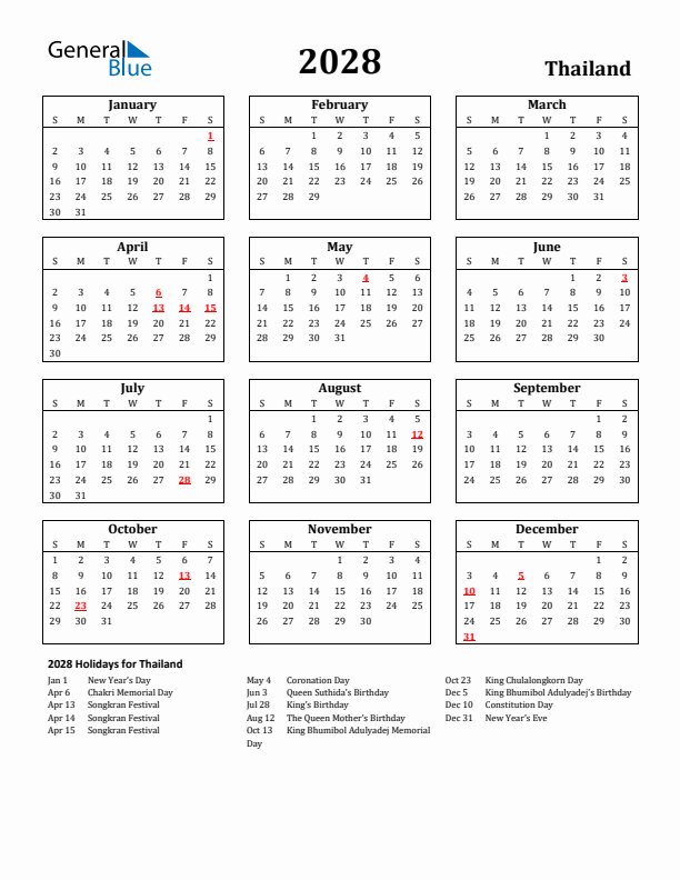 2028 Thailand Holiday Calendar - Sunday Start