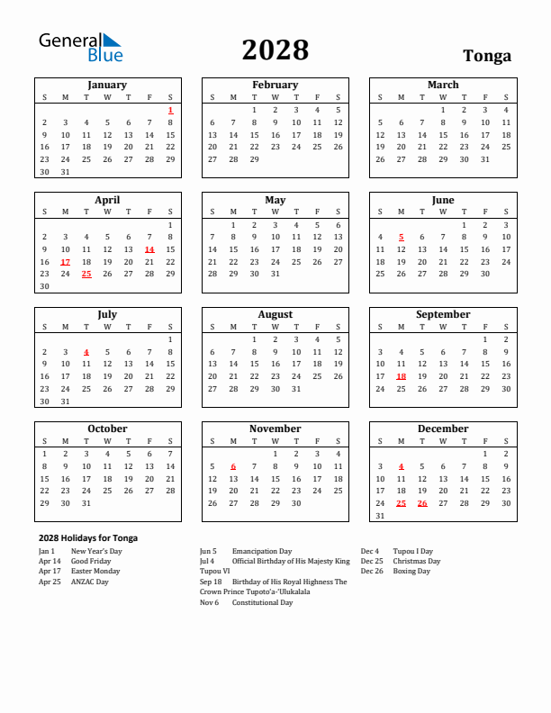 2028 Tonga Holiday Calendar - Sunday Start