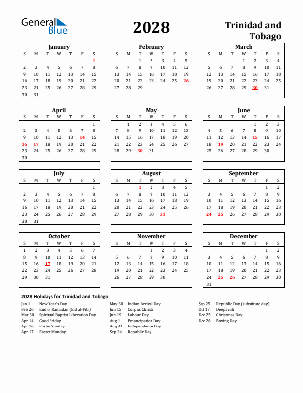 2028 Trinidad and Tobago Holiday Calendar - Sunday Start