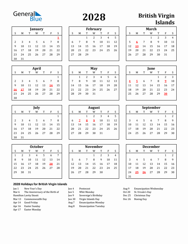 2028 British Virgin Islands Holiday Calendar - Sunday Start