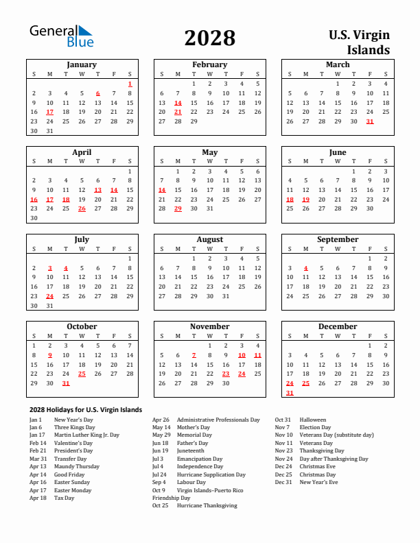 2028 U.S. Virgin Islands Holiday Calendar - Sunday Start