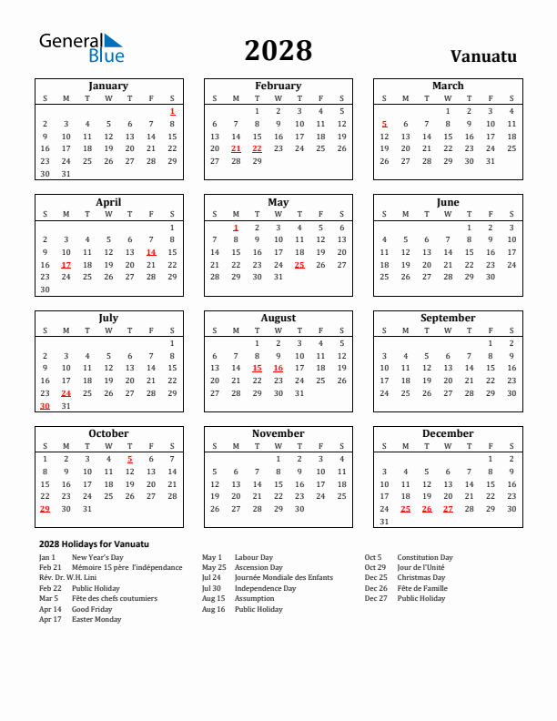 2028 Vanuatu Holiday Calendar - Sunday Start