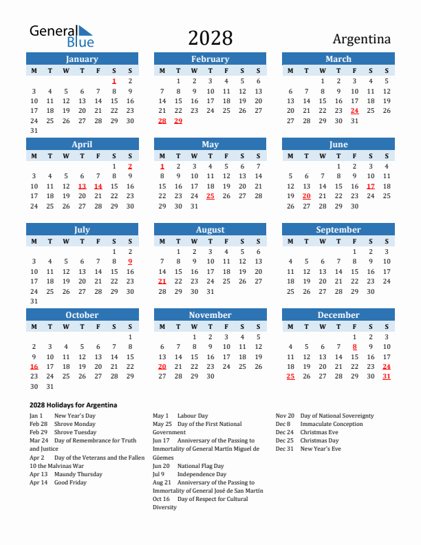Printable Calendar 2028 with Argentina Holidays (Monday Start)