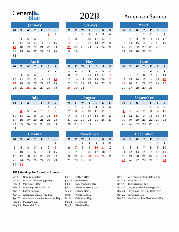 Printable Calendar 2028 with American Samoa Holidays (Monday Start)