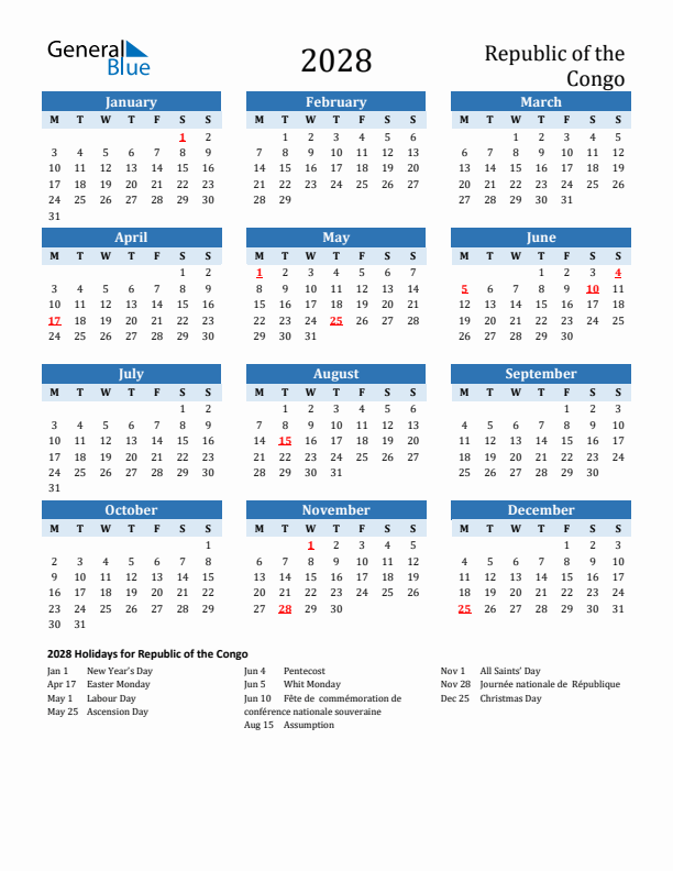 Printable Calendar 2028 with Republic of the Congo Holidays (Monday Start)