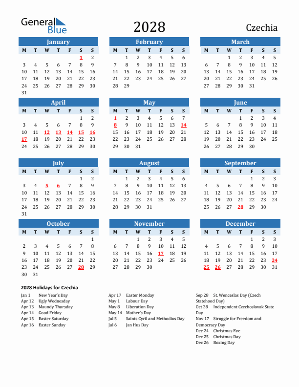 Printable Calendar 2028 with Czechia Holidays (Monday Start)